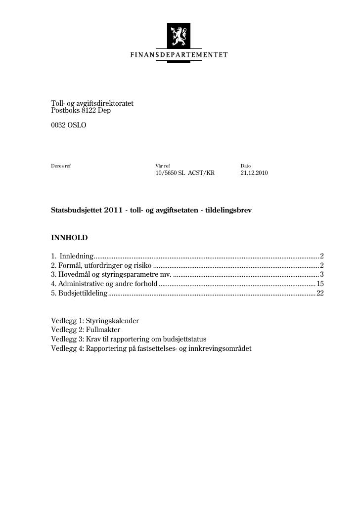 Forsiden av dokumentet Tildelingsbrev (pdf)