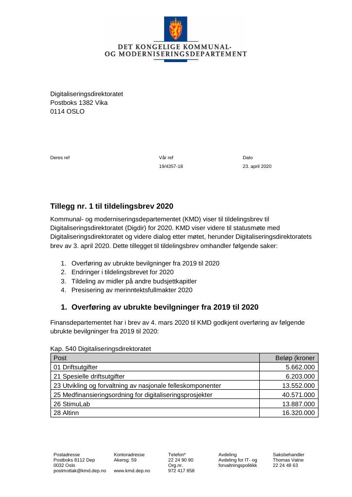 Forsiden av dokumentet Tildelingsbrev Digitaliseringsdirektoratet 2020 - tillegg nr. 1