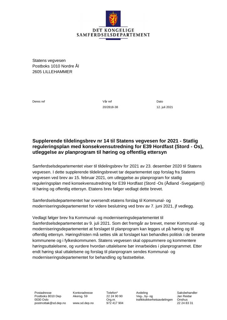 Forsiden av dokumentet Tildelingsbrev Statens vegvesen 2021 - tillegg nr. 14