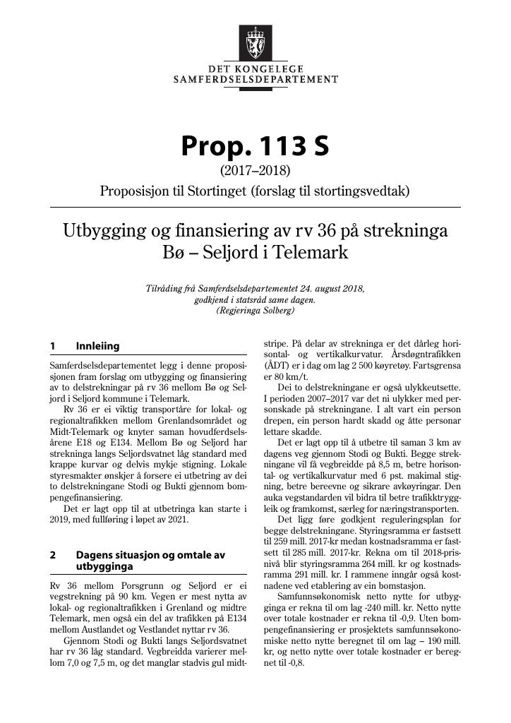Forsiden av dokumentet Prop. 113 S (2017–2018)