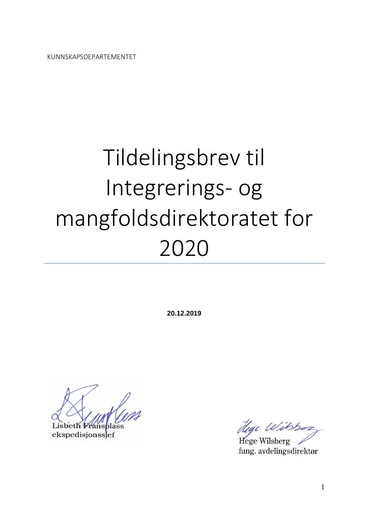 Forsiden av dokumentet Tildelingsbrev til Integrerings- og mangfoldsdirektoratet for 2020