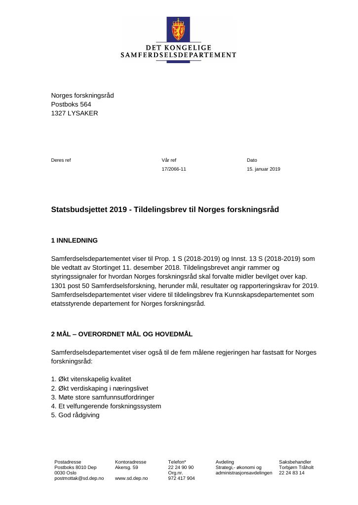 Forsiden av dokumentet Tildelingsbrev Norges forskningsråd 2019