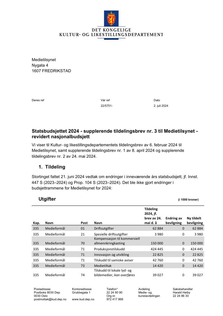 Forsiden av dokumentet Tildelingsbrev Medietilsynet 2024 - tillegg nr. 3