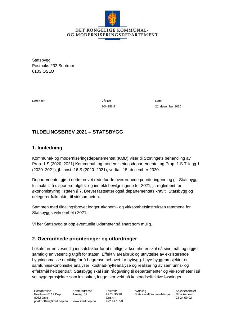 Forsiden av dokumentet Tildelingsbrev Statsbygg 2021