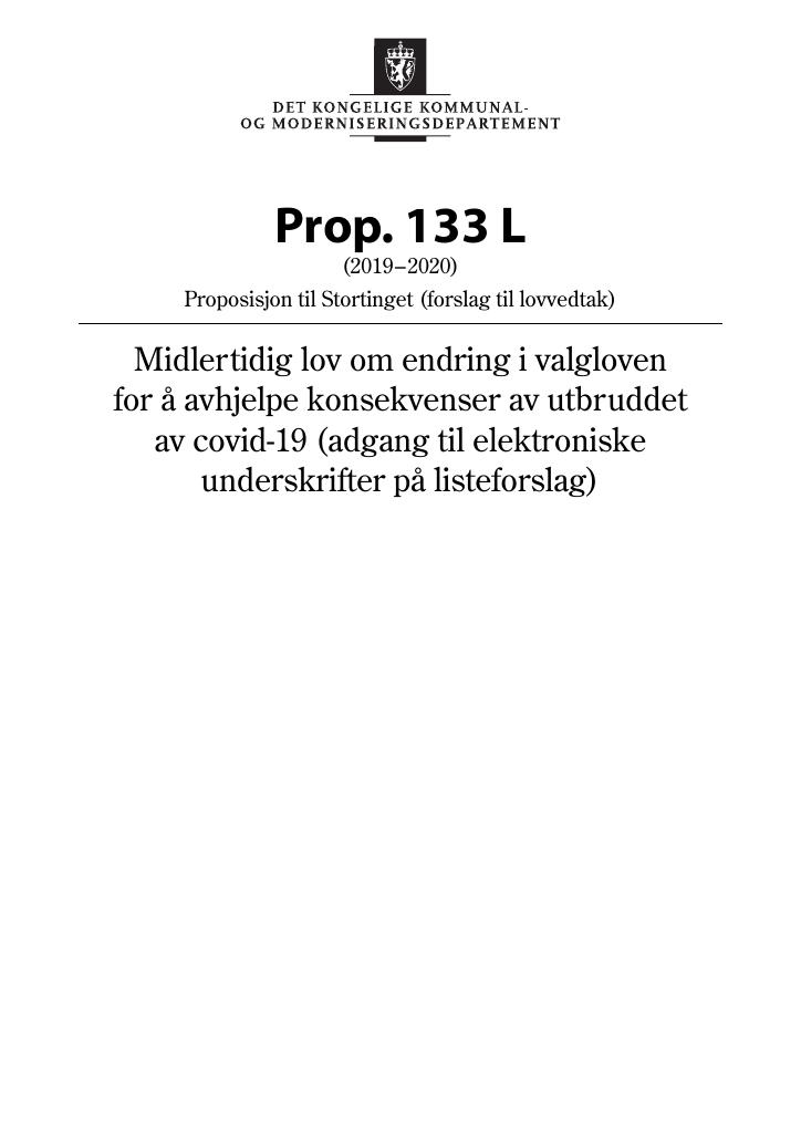 Forsiden av dokumentet Prop. 133 L (2019–2020)