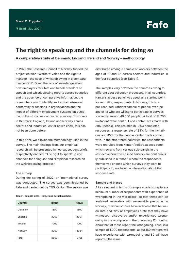 Forsiden av dokumentet The right to speak up and the channels for doing so : A comparative study of Denmark, England, Ireland and Norway – methodology