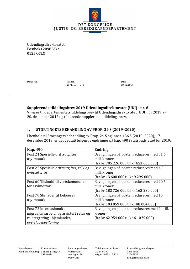 Forsiden av dokumentet Supplerende tildelingsbrev nr 6 Utlendingsdirektoratet 2019
