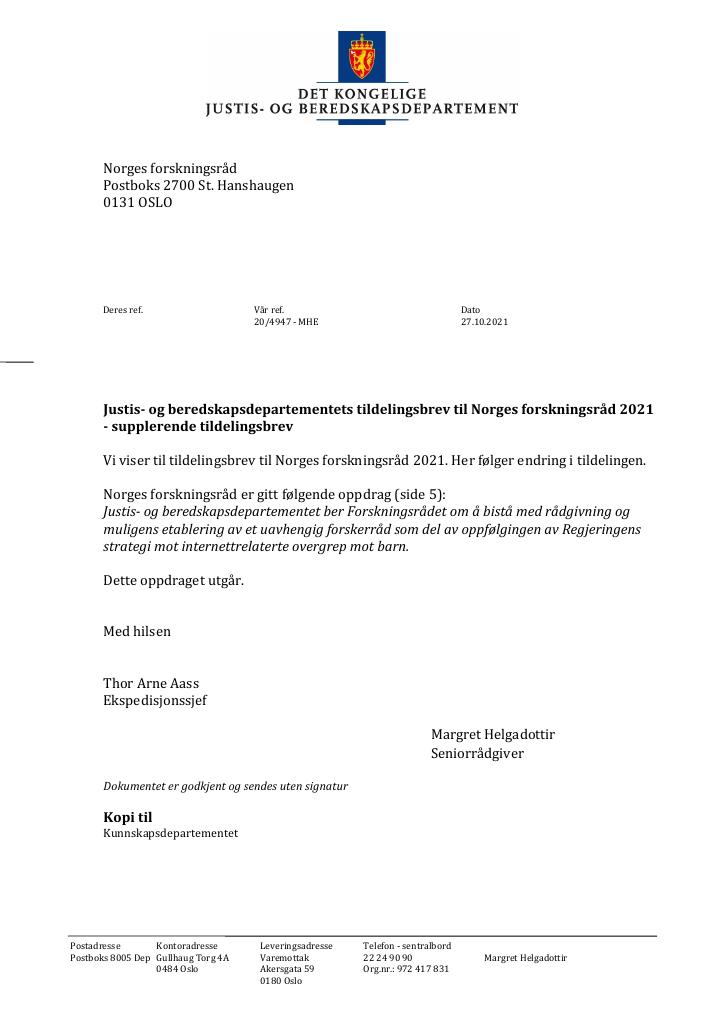 Forsiden av dokumentet Tildelingsbrev Norges forskningsråd 2021 - tillegg