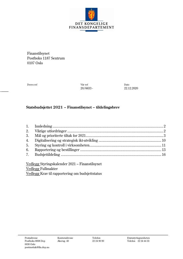 Forsiden av dokumentet Tildelingsbrev Finanstilsynet 2021