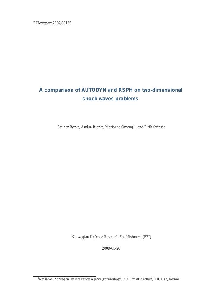 Forsiden av dokumentet A comparison of AUTODYN and RSPH on two-dimensional shock waves problems