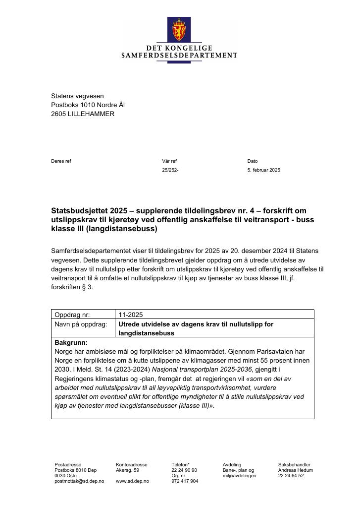 Forsiden av dokumentet Tildelingsbrev Statens vegvesen 2025 - tillegg nr. 4