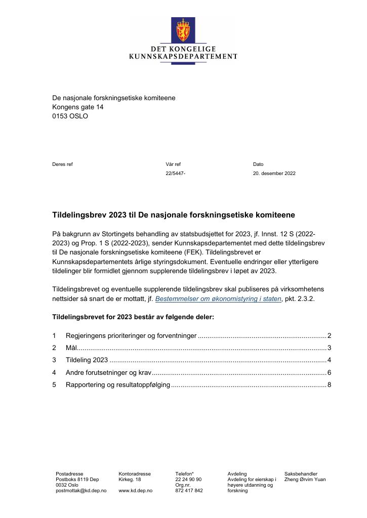 Forsiden av dokumentet Tildelingsbrev De nasjonale forskningsetiske komiteene 2023