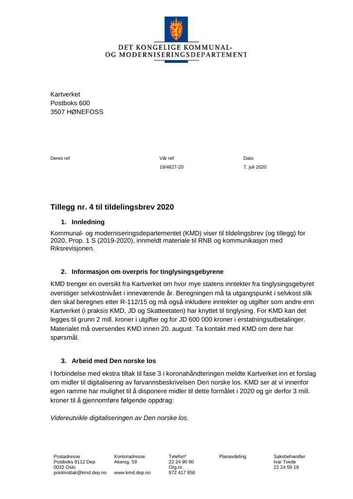 Forsiden av dokumentet Tilleggsbrev Kartverket 2020 - tillegg nr. 4