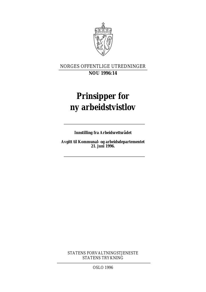 Forsiden av dokumentet NOU 1996: 14 - Prinsipper for ny arbeidstvistlov