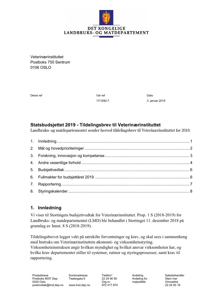 Forsiden av dokumentet Tildelingsbrev Veterinærinstituttet 2019