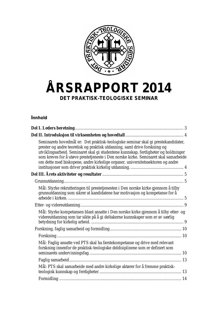 Forsiden av dokumentet Årsrapport Det praktisk-teologiske seminar 2014