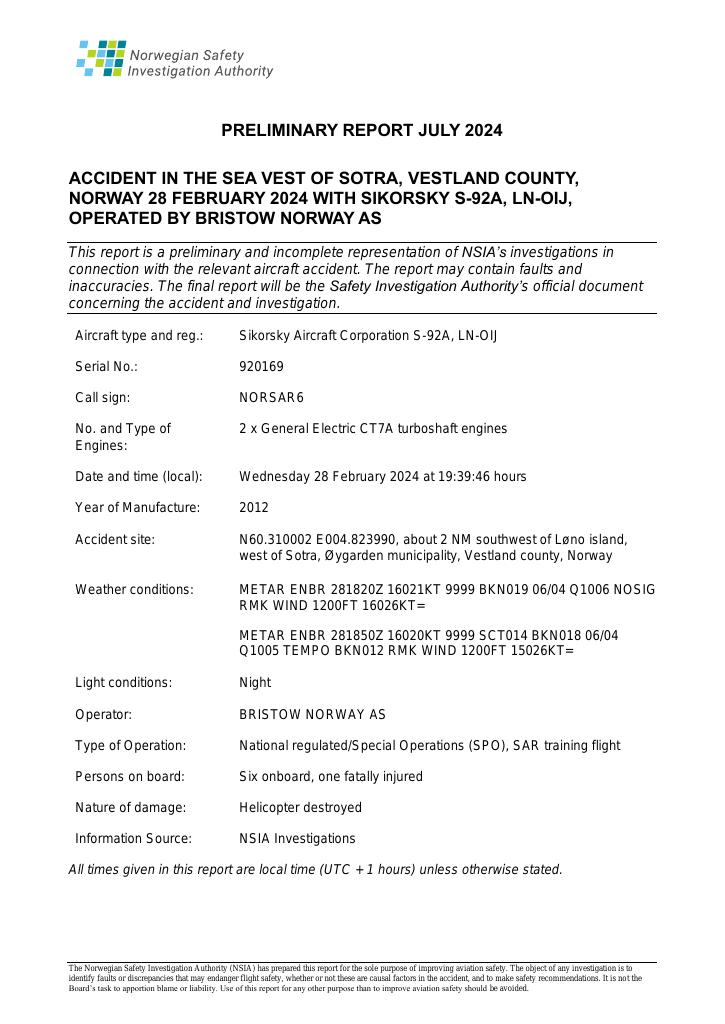 Forsiden av dokumentet ACCIDENT IN THE SEA VEST OF SOTRA, VESTLAND COUNTY, NORWAY 28 FEBRUARY 2024 WITH SIKORSKY S-92A, LN-OIJ, OPERATED BY BRISTOW NORWAY AS