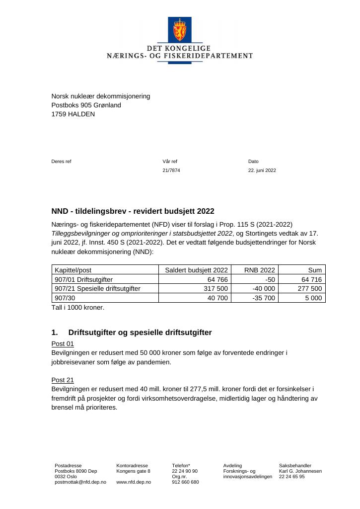 Forsiden av dokumentet Tildelingsbrev Norsk nukleær dekommisjonering 2022 - tillegg