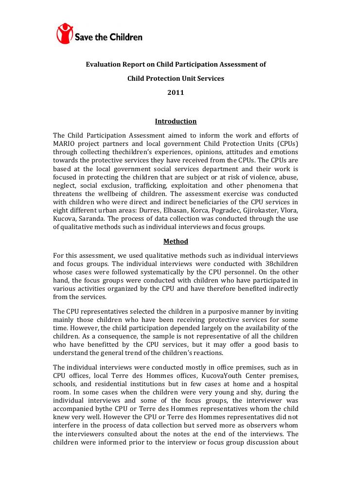 Forsiden av dokumentet Assessment of Children's perspective on Child Protection Unit services