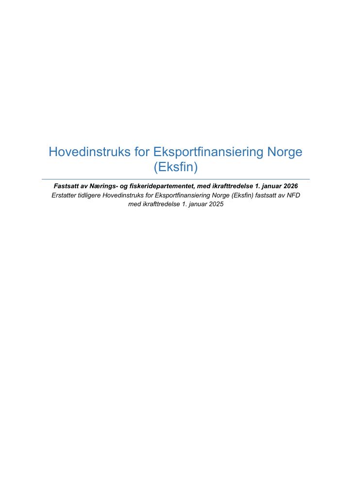 Forsiden av dokumentet Hovedinstruks for Eksportfinansiering Norge (Eksfin)