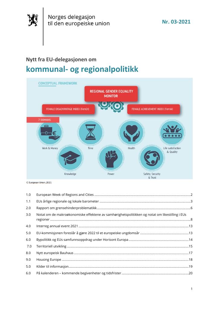 Forsiden av dokumentet Nytt fra EU-delegasjonen om kommunal- og regionalpolitikk (03/2021)