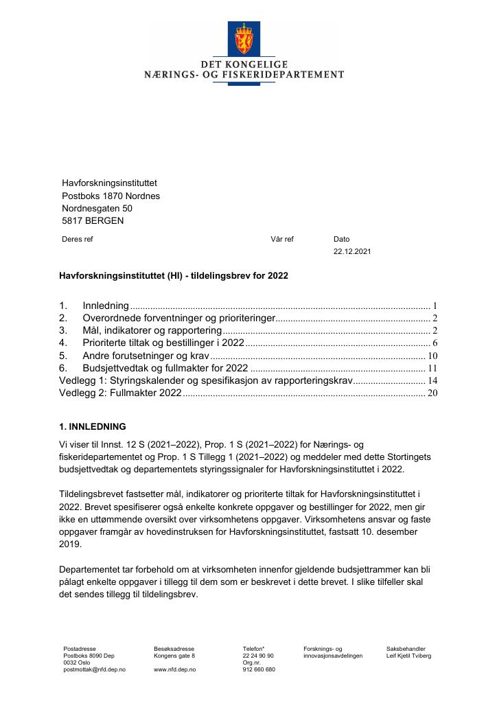 Forsiden av dokumentet Tildelingsbrev Havforskningsinstituttet 2022