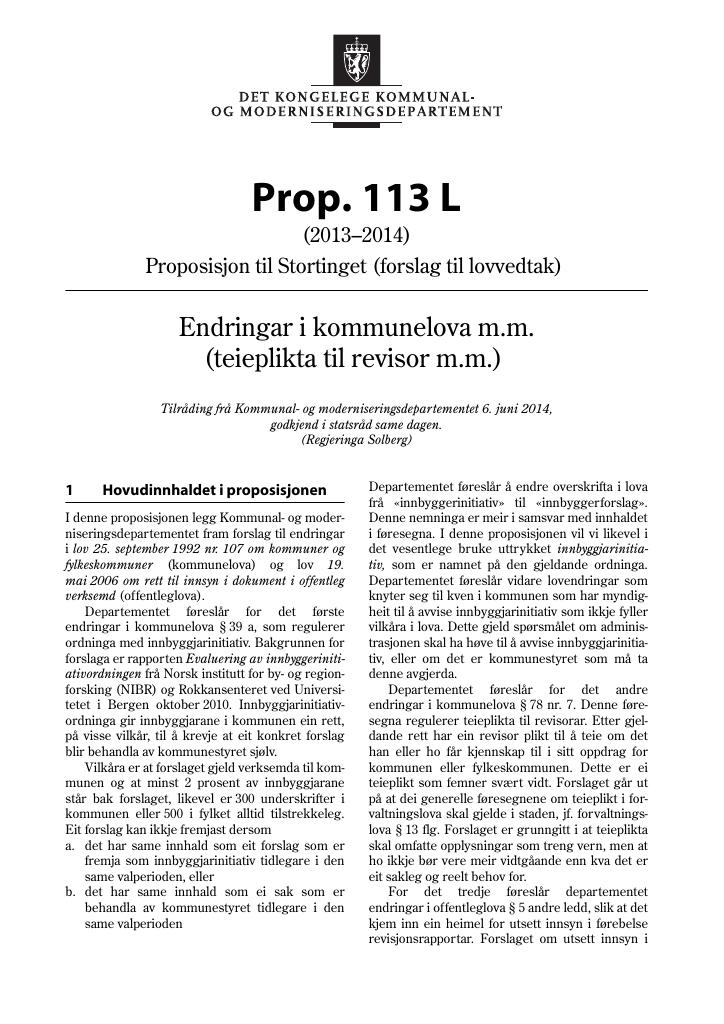 Forsiden av dokumentet Prop. 113 L (2013–2014)