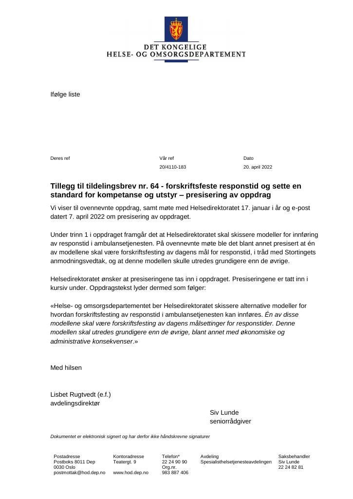 Forsiden av dokumentet Tildelingsbrev Helsedirektoratet 2021 - tillegg nr. 64