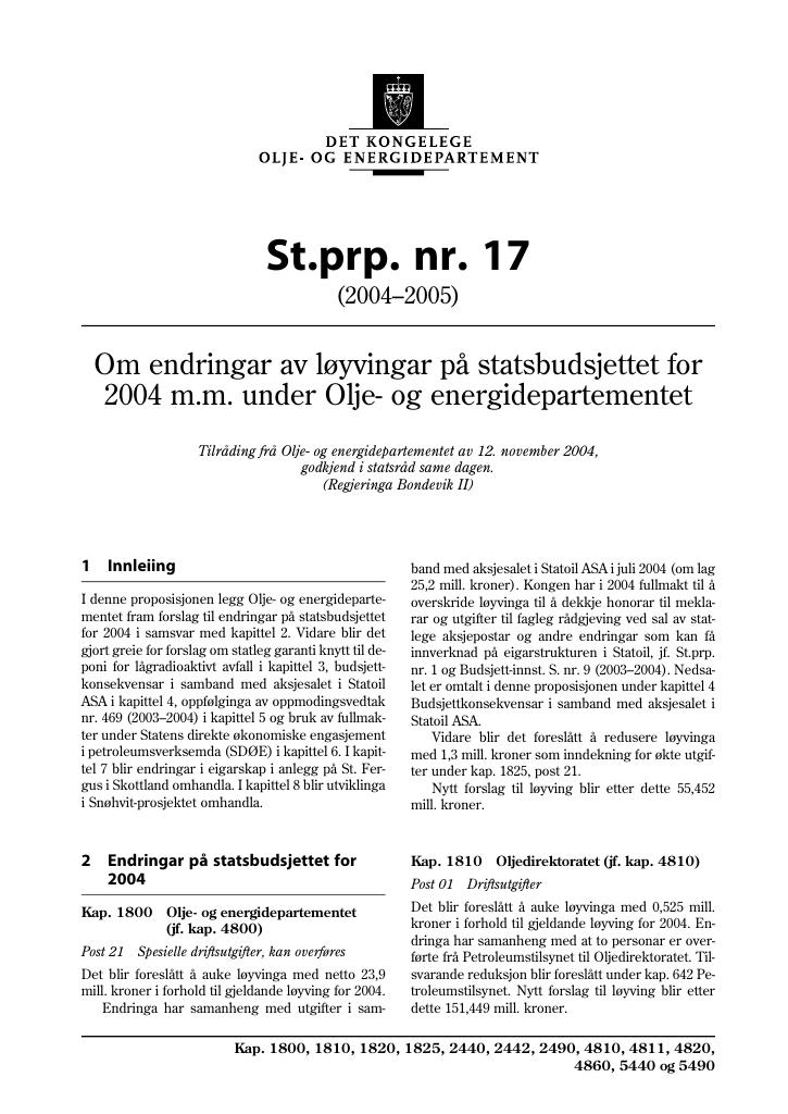 Forsiden av dokumentet St.prp. nr. 17 (2004-2005)