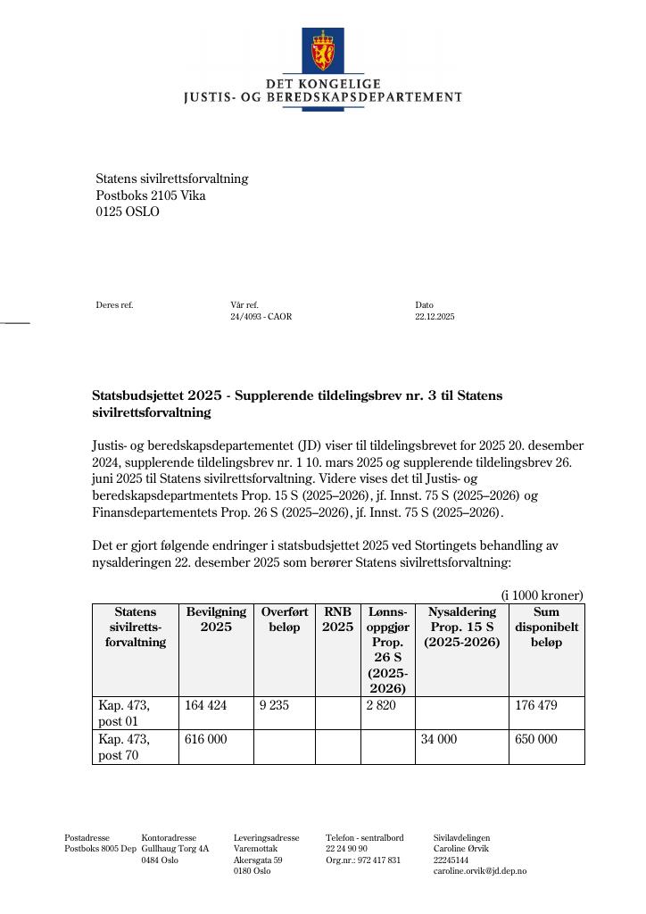 Forsiden av dokumentet Tildelingsbrev Statens sivilrettsforvaltning 2025 - tillegg nr. 3