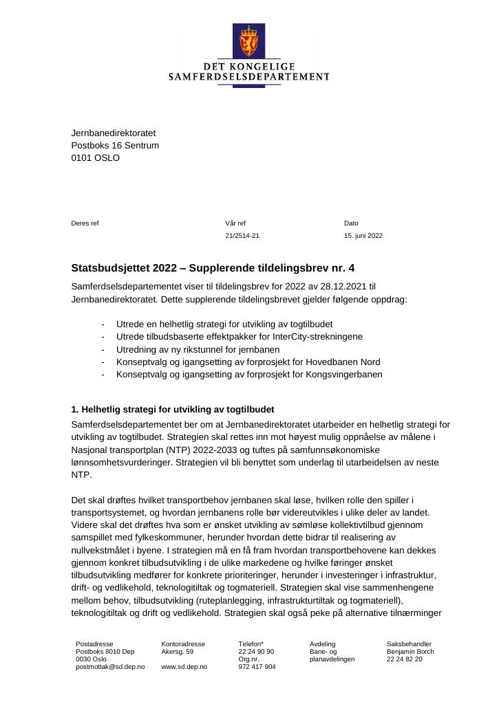 Forsiden av dokumentet Tildelingsbrev Jernbanedirektoratet 2022 - tillegg nr. 4