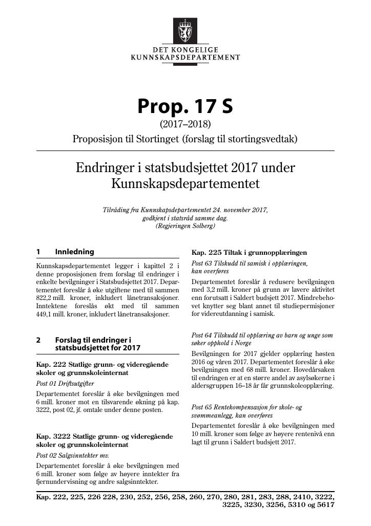 Forsiden av dokumentet Prop. 17 S (2017–2018)
