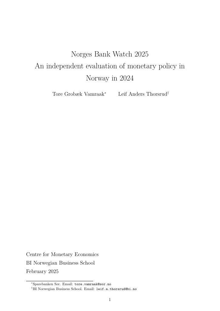 Forsiden av dokumentet Norges Bank Watch 2025 - An independent evaluation of monetary policy in Norway in 2024