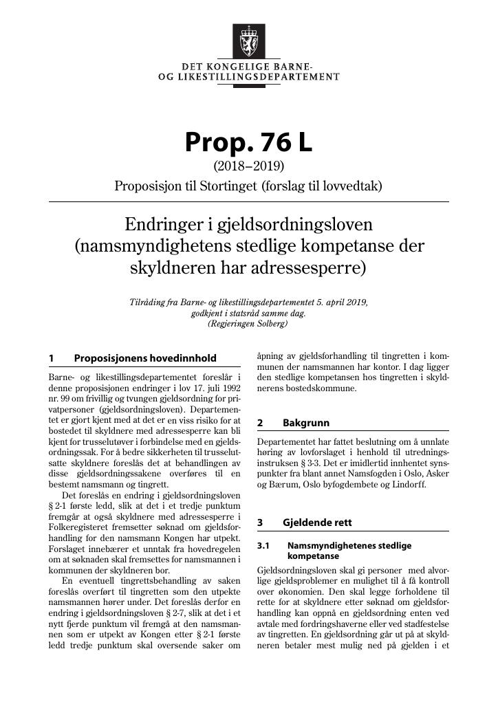 Forsiden av dokumentet Prop. 76 L (2018–2019)