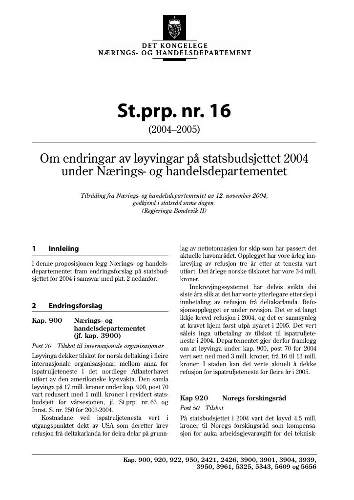 Forsiden av dokumentet St.prp. nr. 16 (2004-2005)