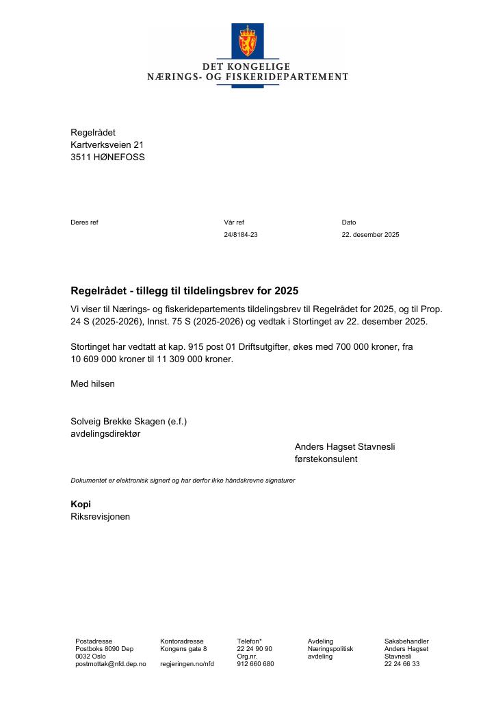 Forsiden av dokumentet Tildelingsbrev Regelrådet 2025 - tillegg