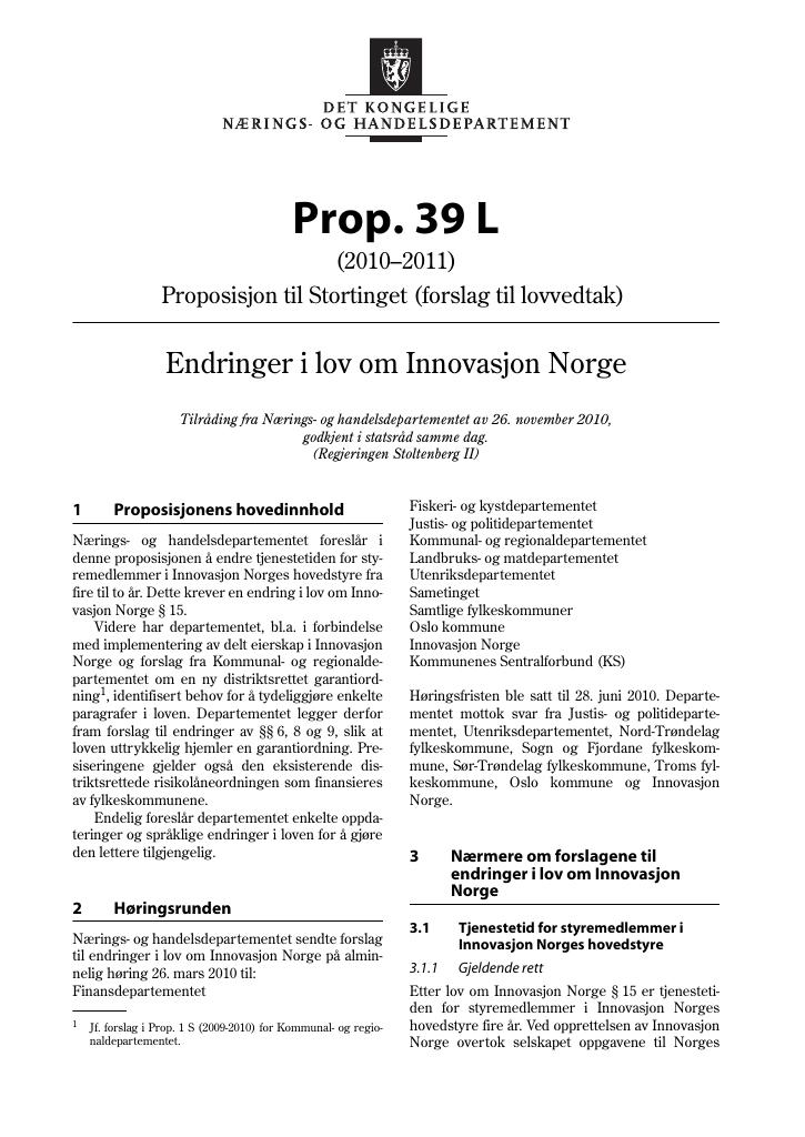 Forsiden av dokumentet Prop. 39 L (2010–2011)