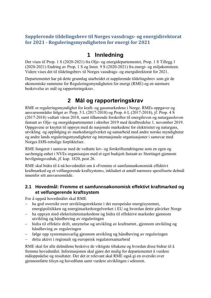 Forsiden av dokumentet Supplerende tildelingsbrev Norges vassdrags- og energidirektorat 2021