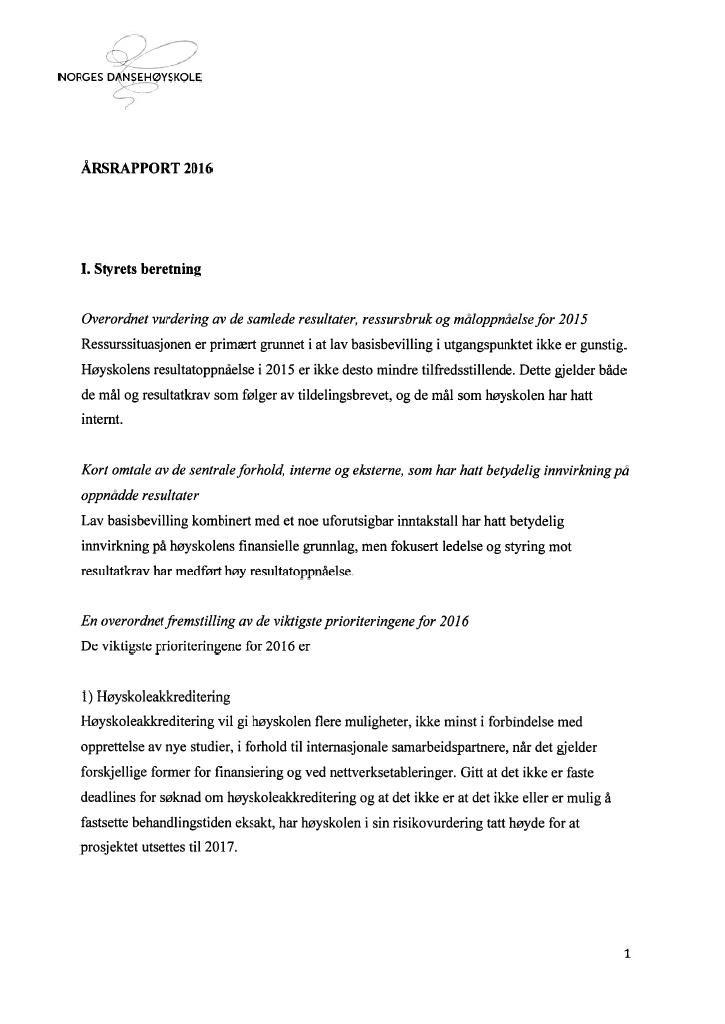 Forsiden av dokumentet Årsrapport Norges dansehøyskole 2015