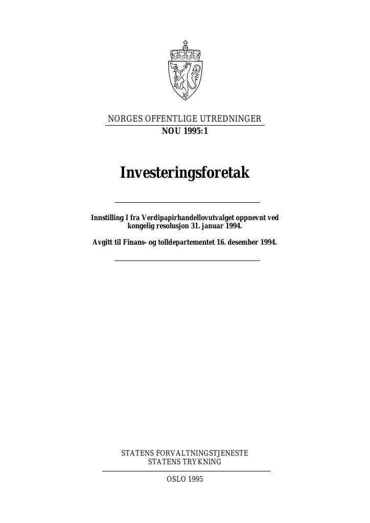 Forsiden av dokumentet NOU 1995: 1 - Investeringsforetak