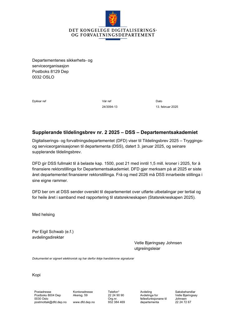 Forsiden av dokumentet Tildelingsbrev Departementenes sikkerhets- og serviceorganisasjon 2025 - tillegg nr. 2
