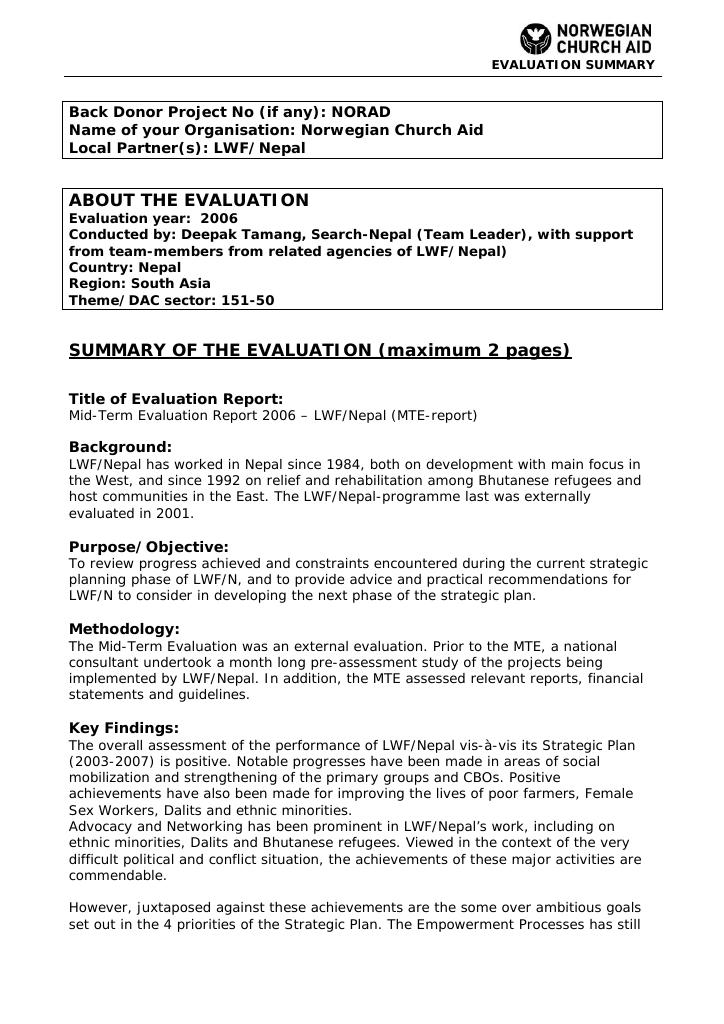 Forsiden av dokumentet Mid-Term Evaluation Report 2006 – LWF/Nepal (MTE-report)