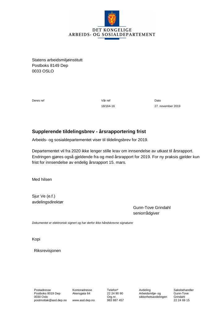 Forsiden av dokumentet Supplerende tildelingsbrev nr. 3 Statens arbeidsmiljøinstitutt 2019