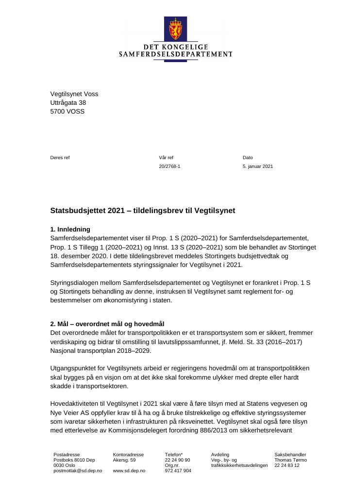 Forsiden av dokumentet Tildelingsbrev Vegtilsynet 2021