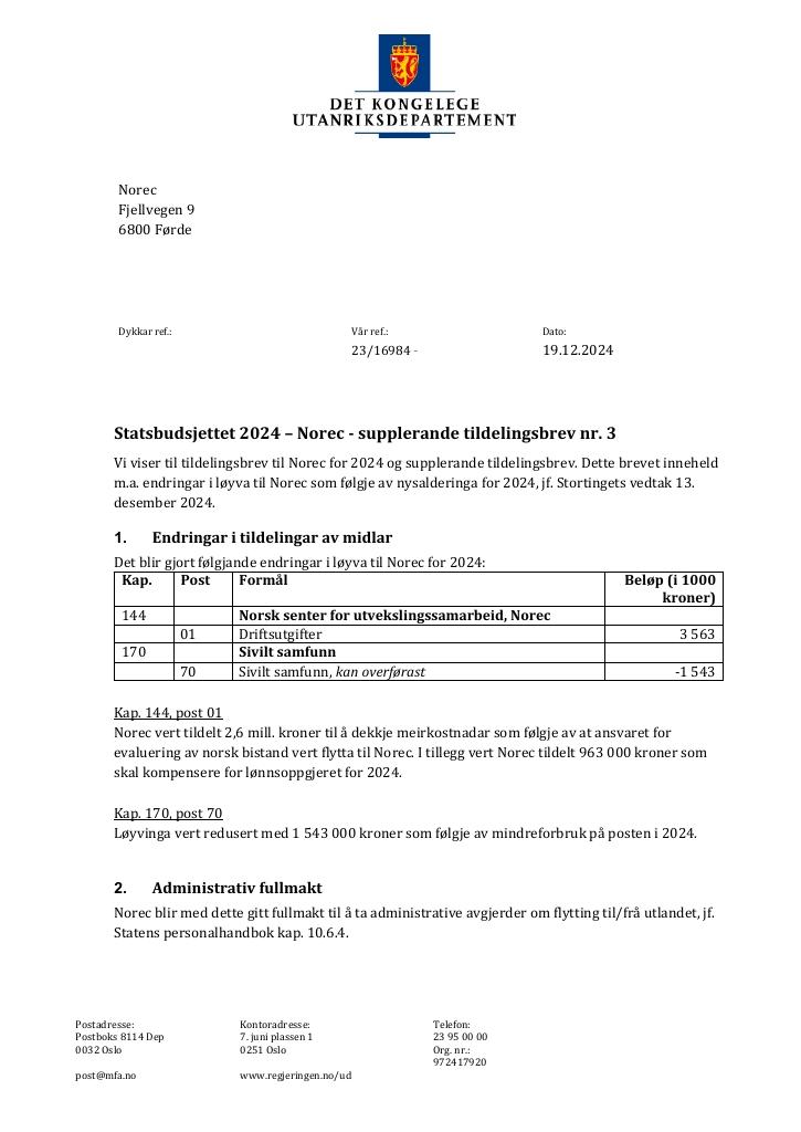 Forsiden av dokumentet Tildelingsbrev Norec 2024 - tillegg nr. 3