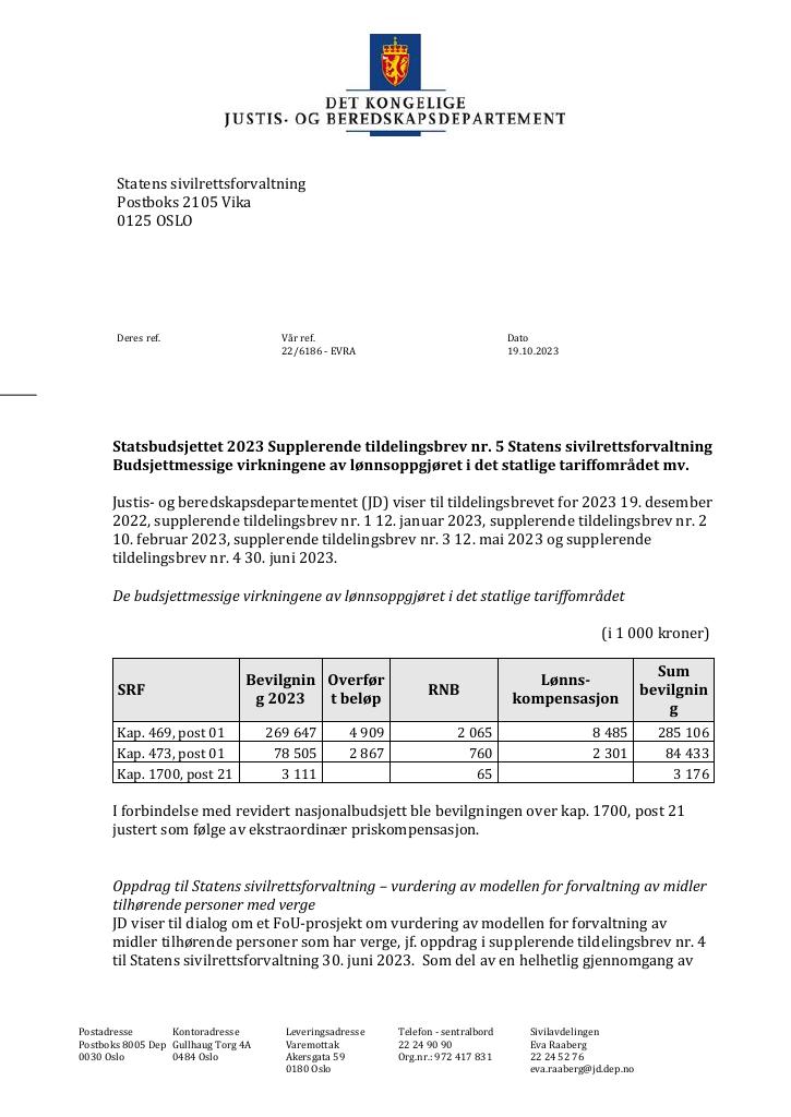 Forsiden av dokumentet Tildelingsbrev Statens sivilrettsforvaltning 2023 - tillegg nr. 5
