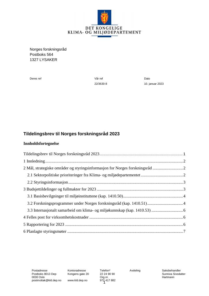 Forsiden av dokumentet Tildelingsbrev Norges forskningsråd 2023