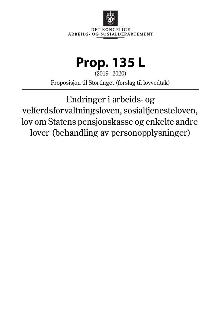 Forsiden av dokumentet Prop. 135 L (2019–2020)