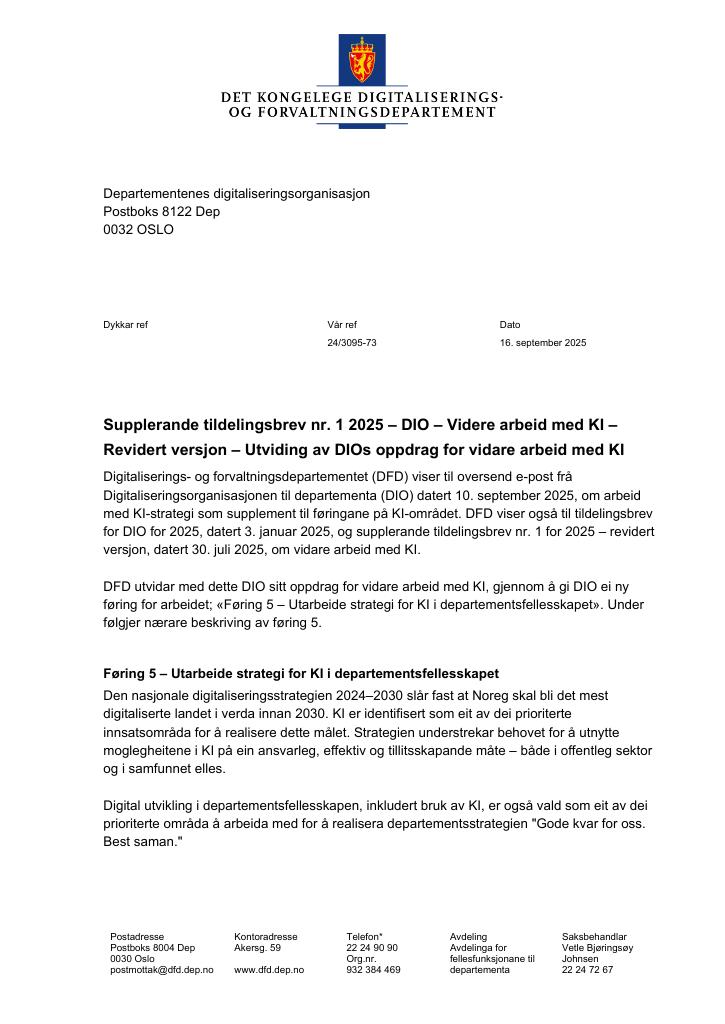 Forsiden av dokumentet Tildelingsbrev Departementenes digitaliseringsorganisasjon 2025 - tillegg nr. 1