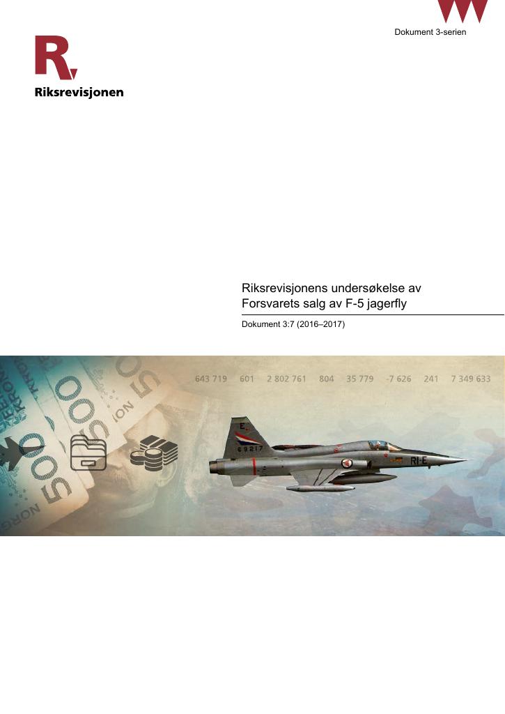 Forsiden av dokumentet Riksrevisjonens undersøkelse av Forsvarets salg av F-5 jagerfly